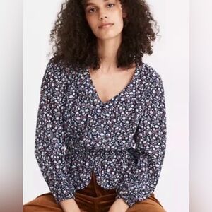 Madewell 100% Silk harvest vine long sleeve button front peplum blouse size S